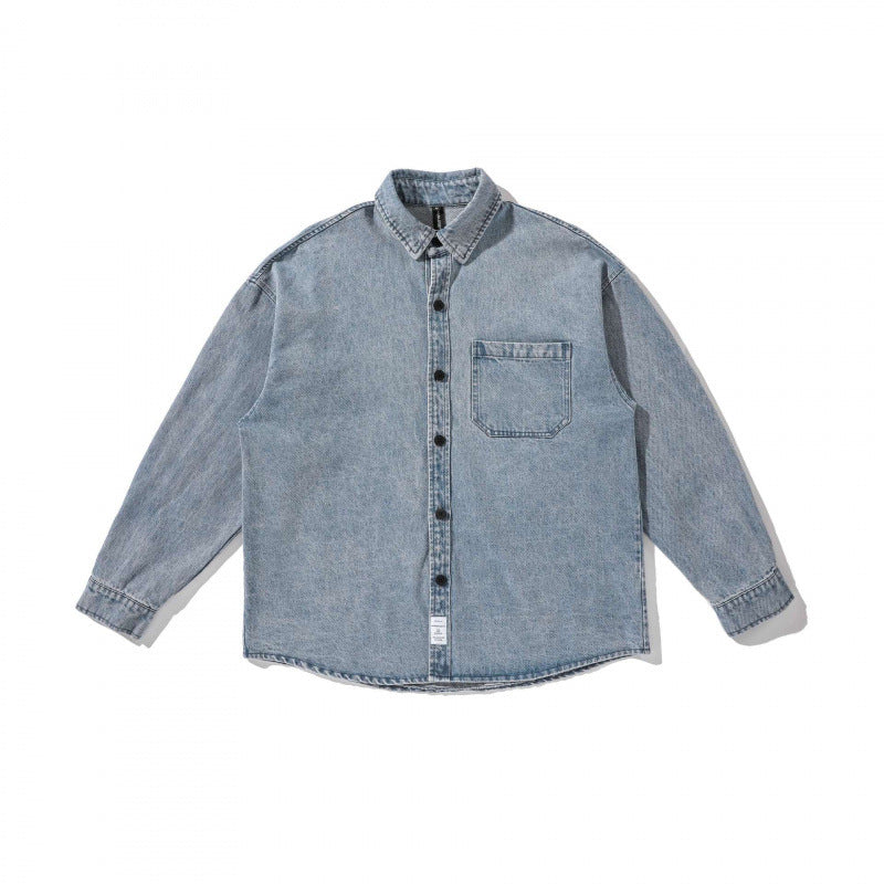 Unisex Boxy Oversized Denim Shirt Jacket with Chest Pocket and Distressed Look Chichicherry