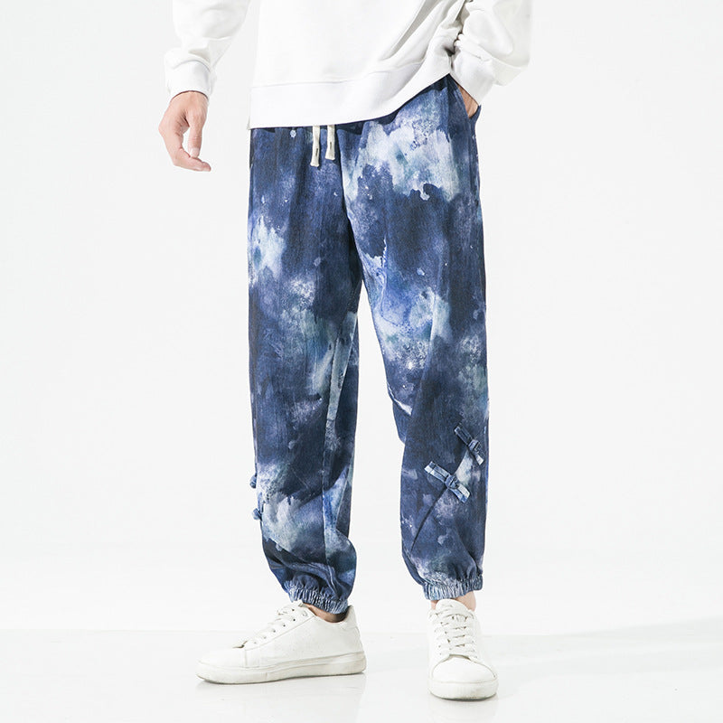Men's Tie-Dye Baggy Jogging Pants with Drawstring, Elastic Cuffs and Decorative Straps Chichicherry