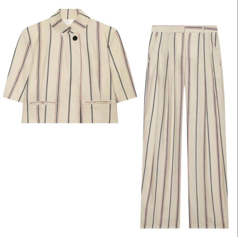 Women's loose linen trousers with pleats, high waistband and vertical stripes Chichicherry