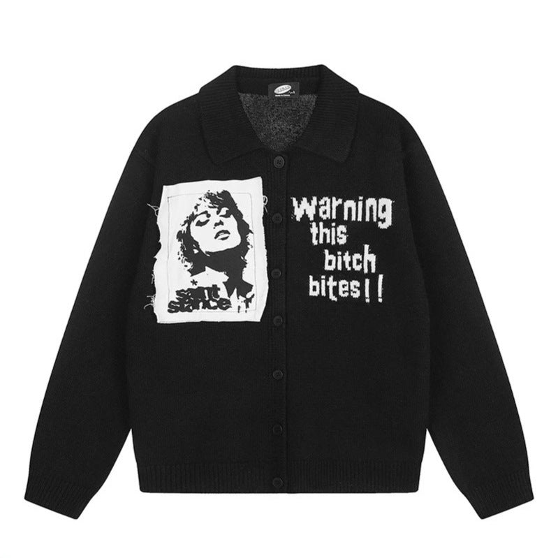 Women's knitted cardigan with shirt collar, button placket, and statement patch Chichicherry