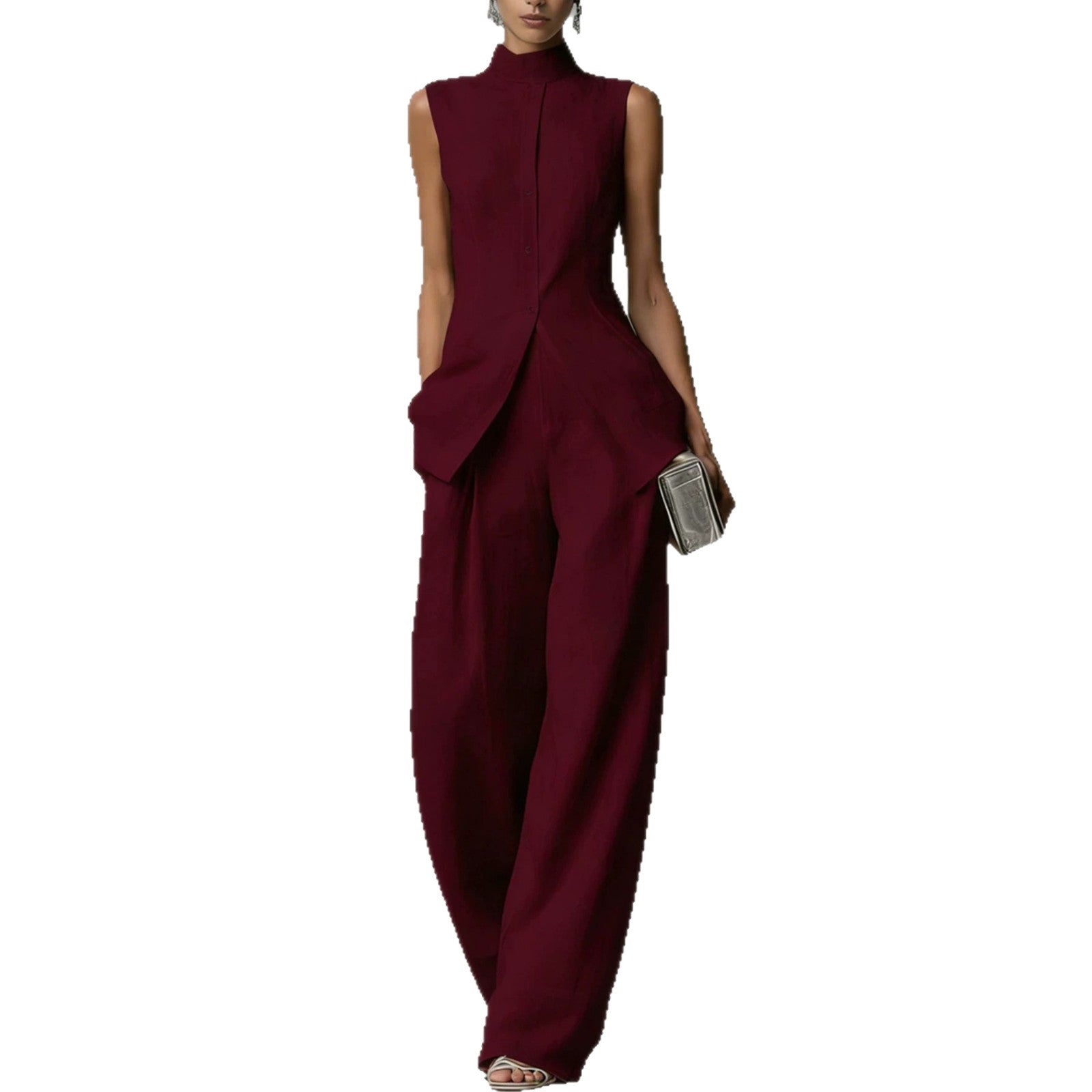 Women's Sleeveless Linen Jumpsuit with Stand Collar and Wide Leg Chichicherry