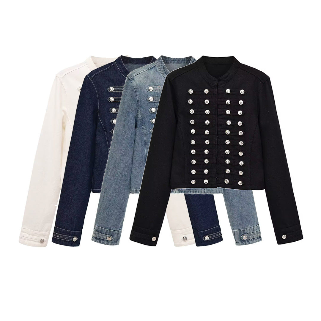 Women's military-style jeans jacket with stand-up collar and decorative button plackets Chichicherry