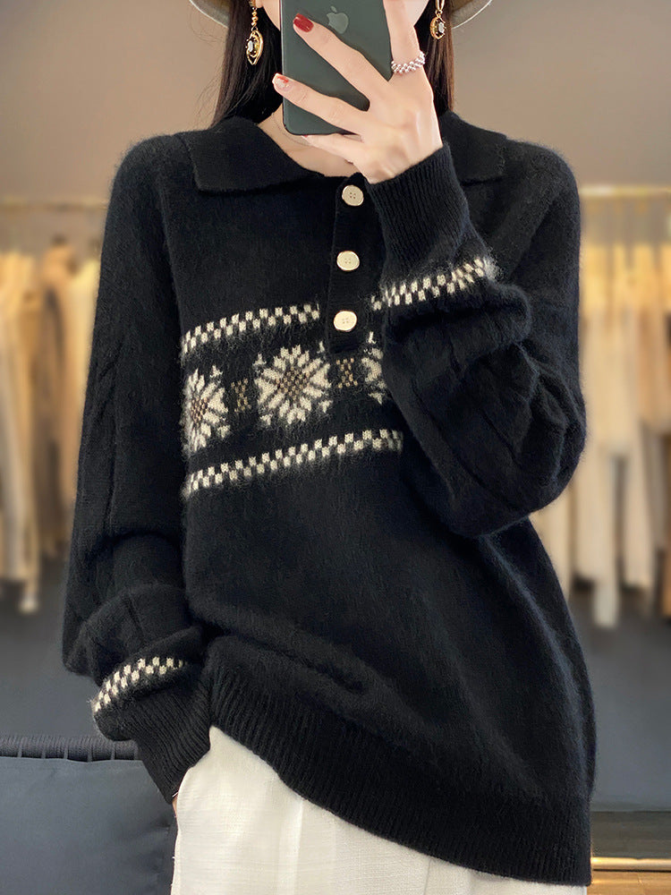 Women's Oversized Polo Collar Knit Sweater with Norwegian Pattern and Raglan Sleeves Chichicherry