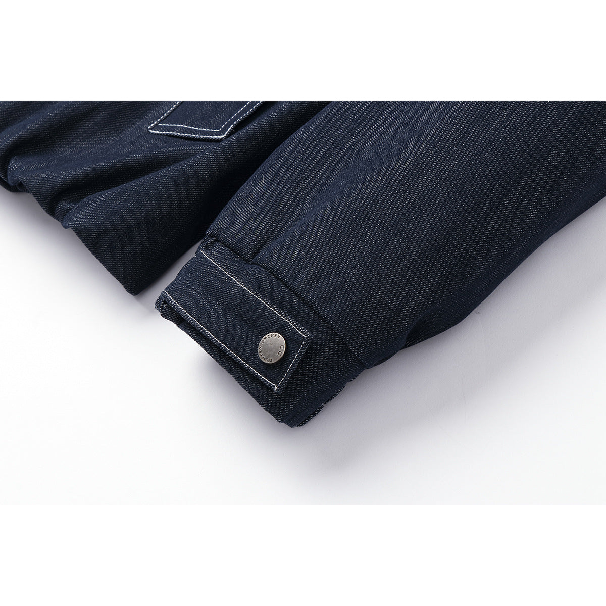 Men's Boxy Denim Blouson with high stand-up collar, visible contrast stitching and elastic hem.