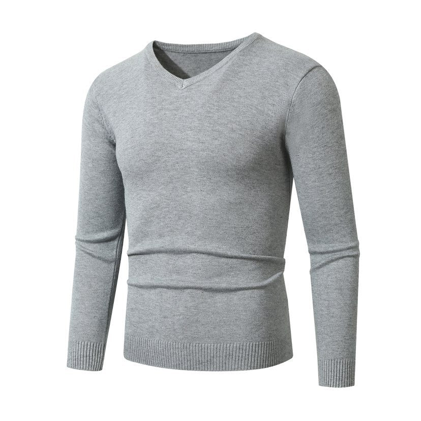 Men's Slim Fit Fine Knit V-Neck Sweater with Ribbed Cuff and Breathable Cotton Blend Chichicherry
