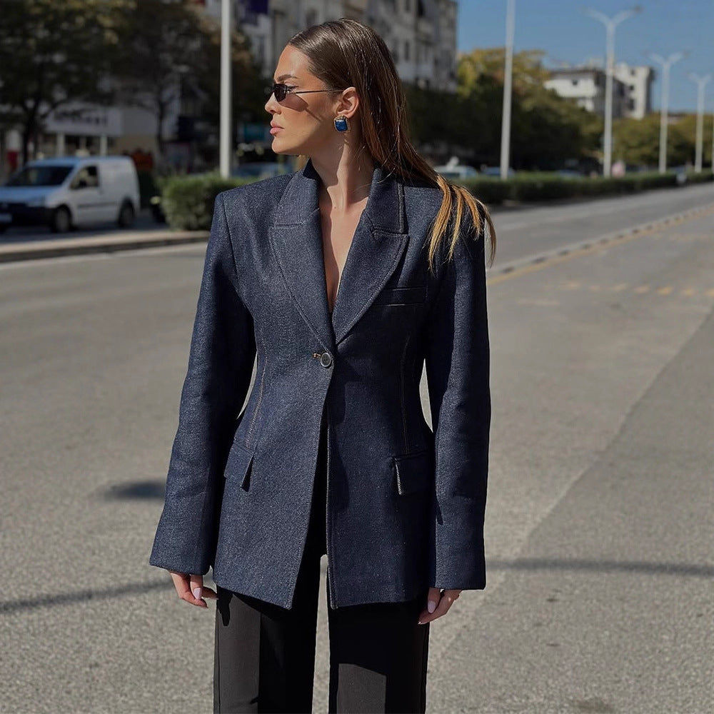 Women tailored jeans blazer with curved lapel Chichicherry