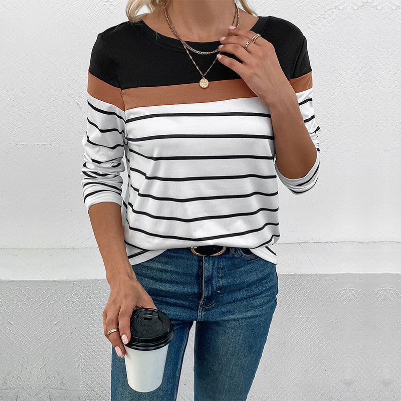 Women Striped Long Sleeve Shirt with Color Block Detail and Round Neckline Chichicherry