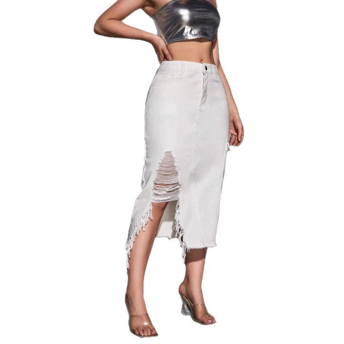 Women's midi skirt made of denim with side cargo pocket, high waist and destroyed slit Chichicherry