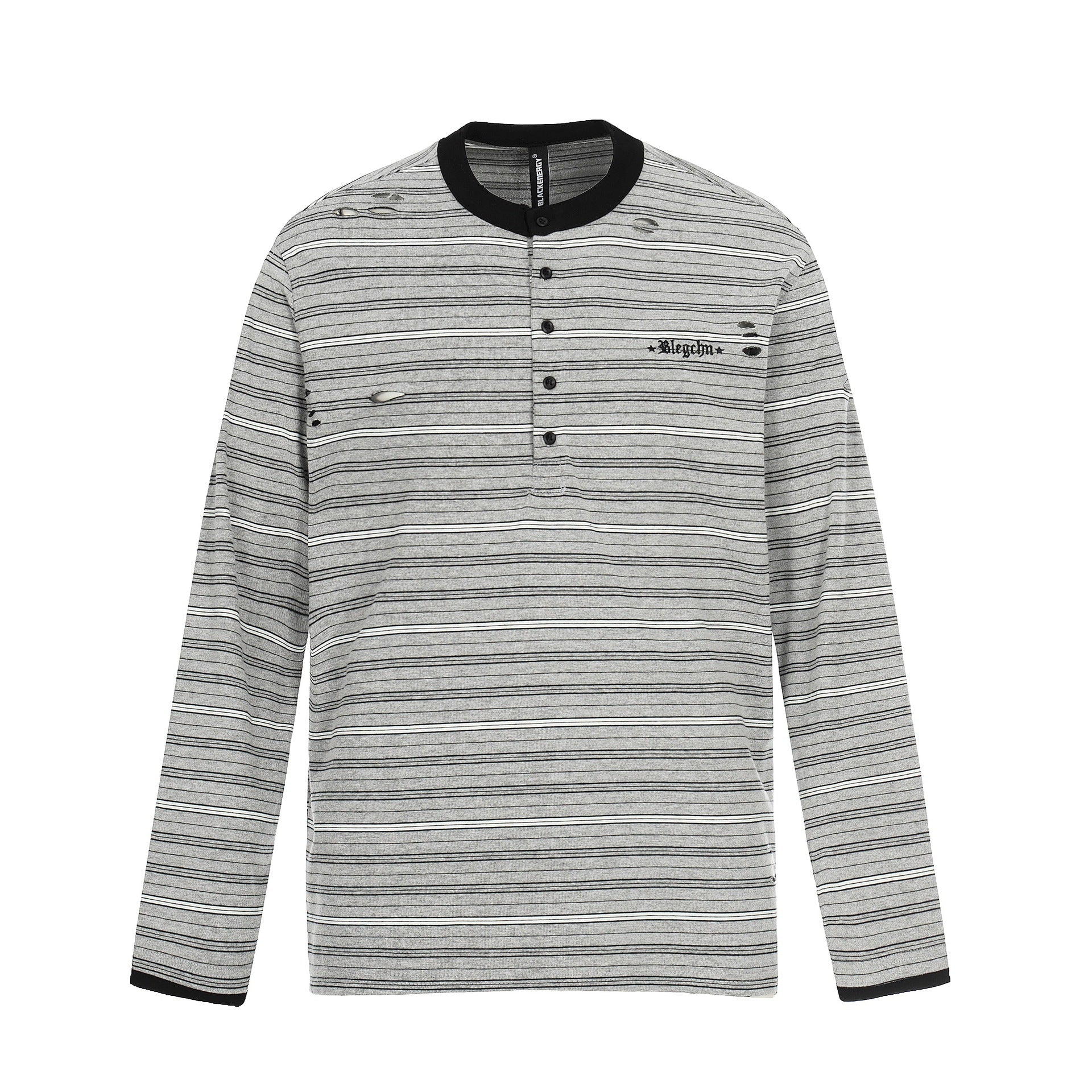 Men's Long Sleeve Henley Shirt with Striped Pattern and Distressed Details Chichicherry
