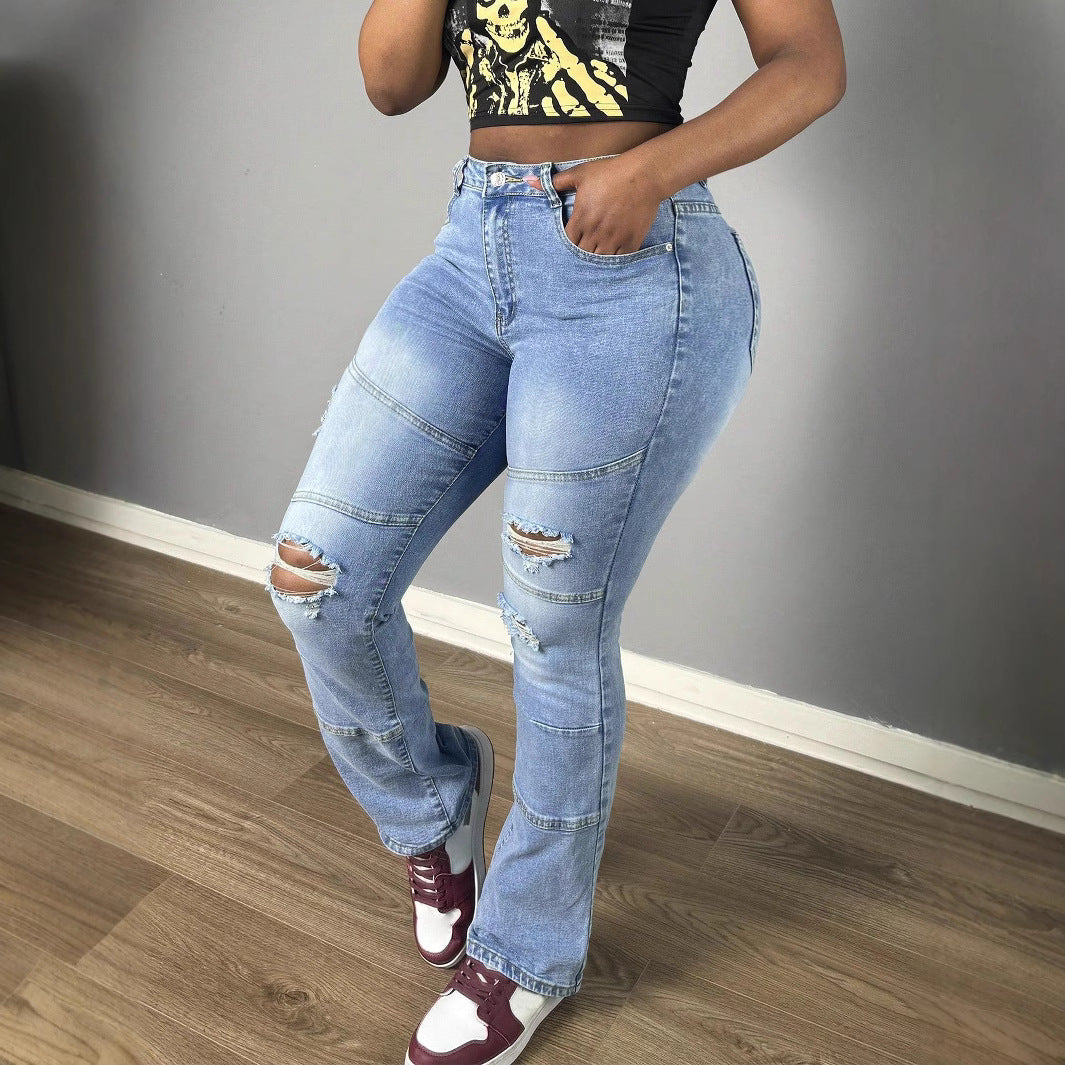 Women High-Waisted Distressed Flared Jeans with Panel Seams Chichicherry