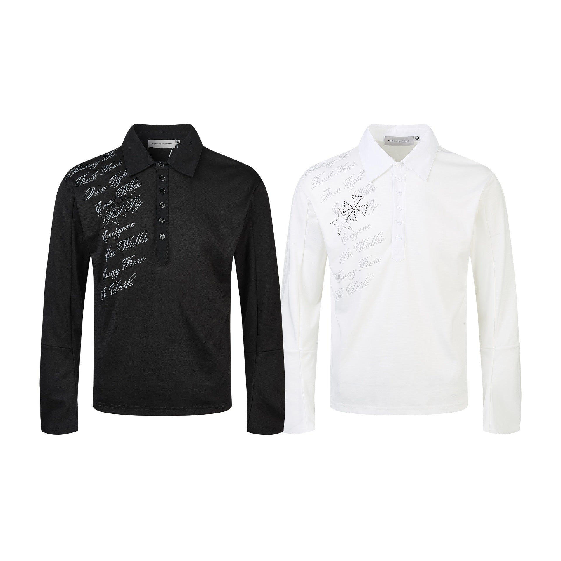 Women's Polo Shirt-Long Sleeve Shirt with Shirt Collar, Text Print and Rhinestone Application Chichicherry