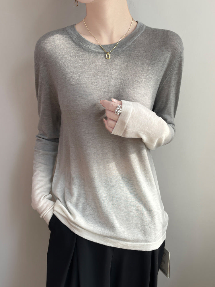 Ladies Light Gradient Fine Knit Sweater with Round Neck and Loose Fit Chichicherry