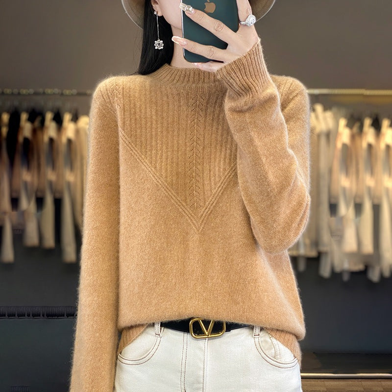 Women's Loose Mohair Blend Sweater with Textured V Panel and Stand-up Collar Chichicherry