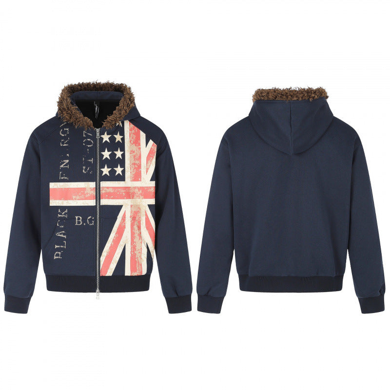 Men's hoodie jacket with vintage flag print, faux fur hood and two-way zipper Chichicherry