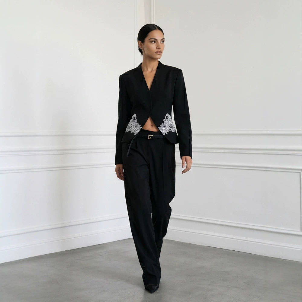 Women's Sculpted Cropped Blazer with Lace Trim and Tailored Silhouette Chichicherry