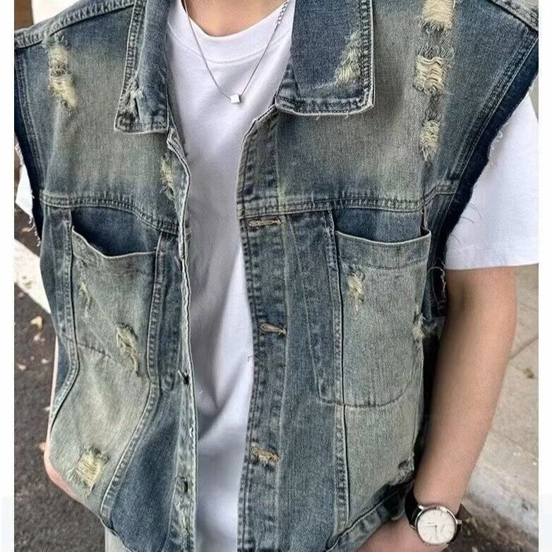 Herren Denim-Weste im Vintage-Used-Look mit Destroyed-Taschen und kastiger Passform Chichicherry