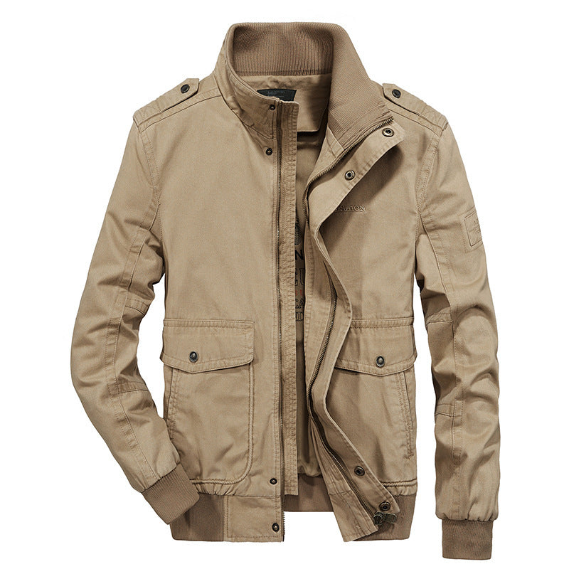 Men's utility canvas jacket with high stand-up collar, shoulder patches, and double front opening Chichicherry