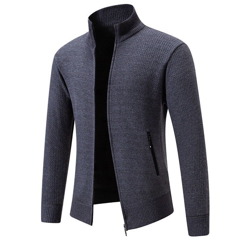 Men's Textured Zip Knit Cardigan with Stand Collar, Waffle Texture and Zipper Pockets Chichicherry