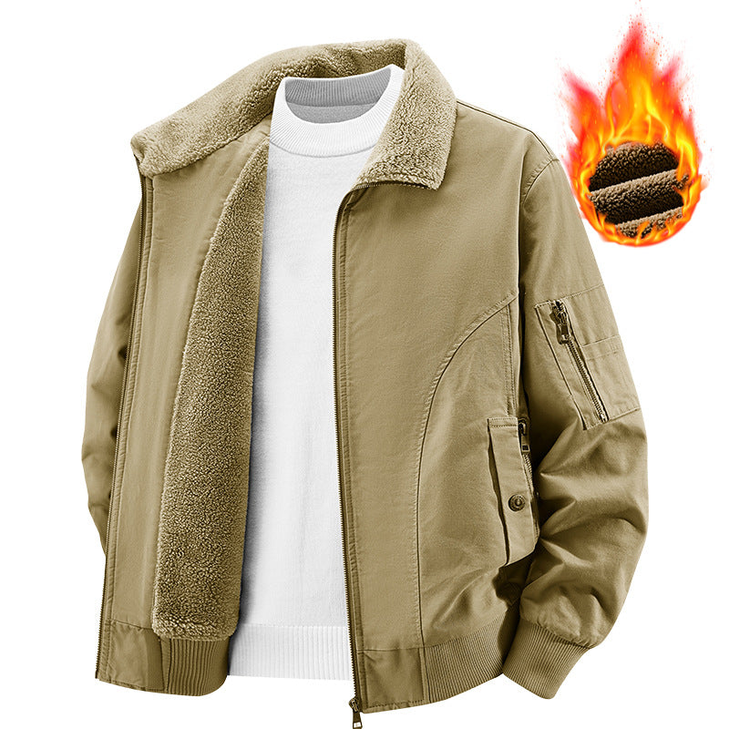 Men's Thermal Bomber Jacket in Vintage Style with Teddy Plush Lining and Multiple Pockets Chichicherry