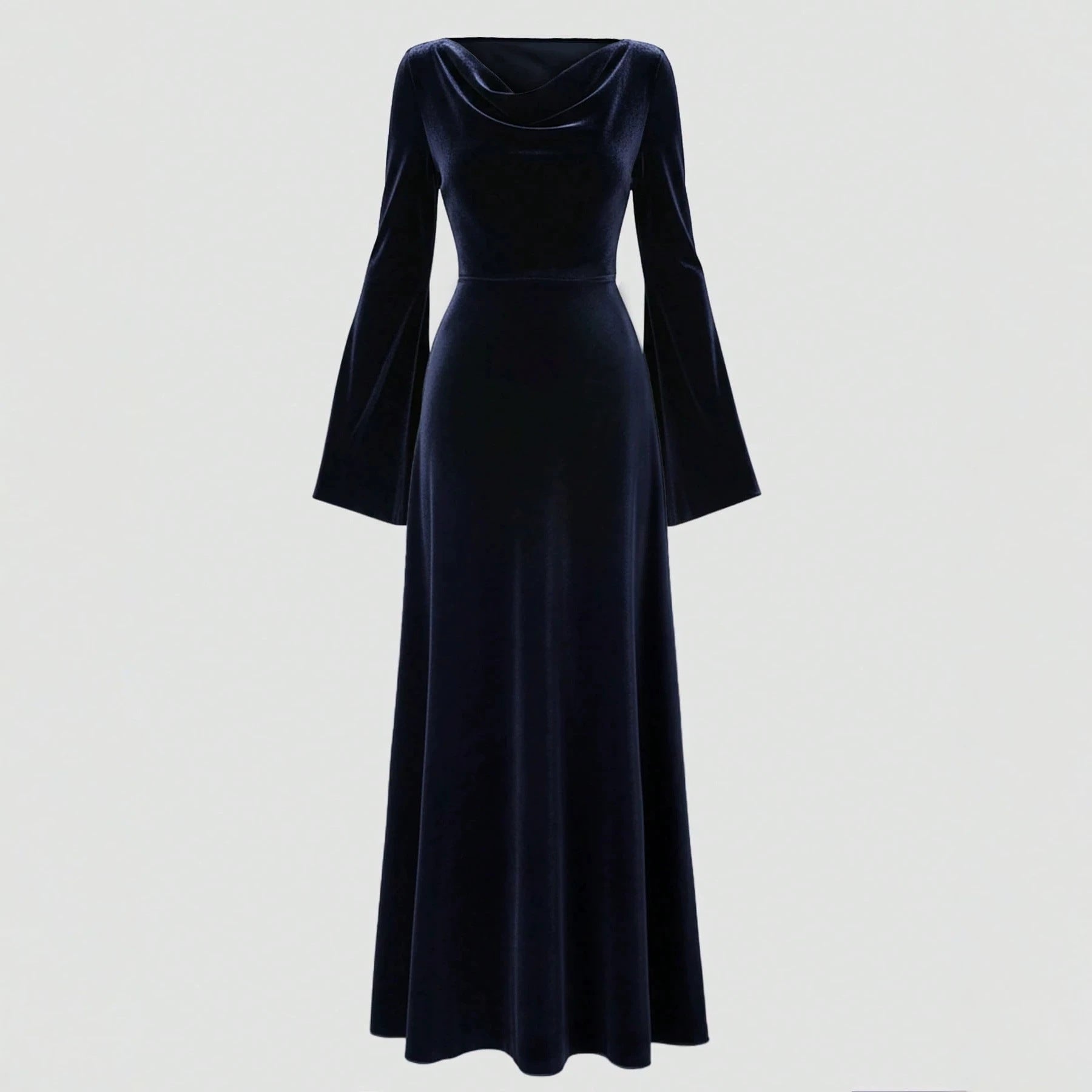 Damen Samt-Abendkleid mit Wasserfall-Ausschnitt, taillierter Silhouette und ausgestellten Trompetenärmeln Chichicherry