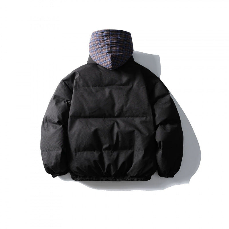 Unisex Padded Puffer Jacket in Boxy Cut with Checkered Insert Hood and High Stand-Up Collar Chichicherry