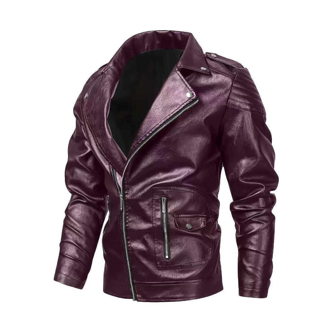Men's biker jacket made of faux leather with asymmetrical zipper and padded shoulder inserts Chichicherry
