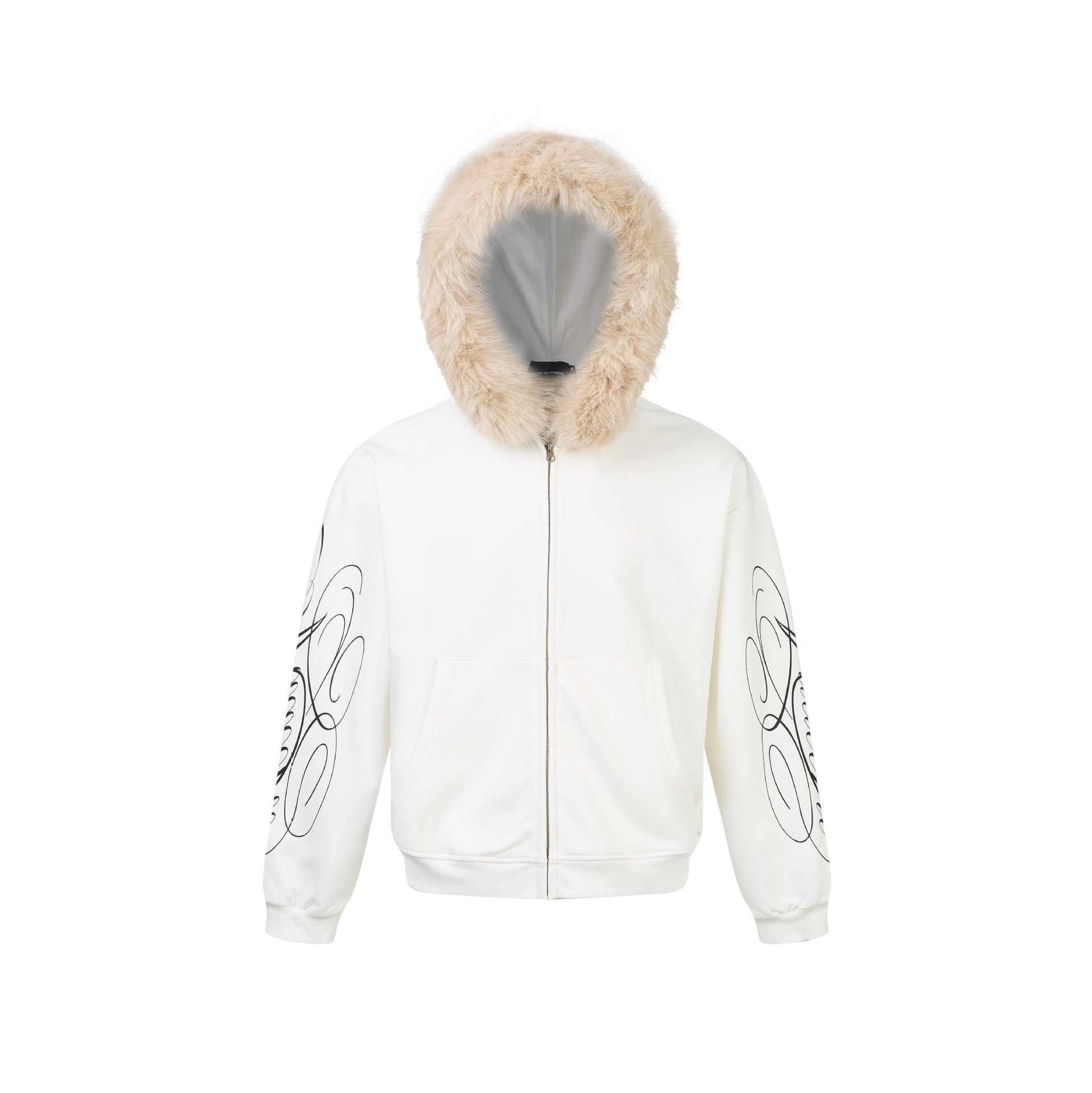 Unisex Oversize Hoodie Jacket made of cotton blend with removable faux fur trim and graphic sleeve prints Chichicherry