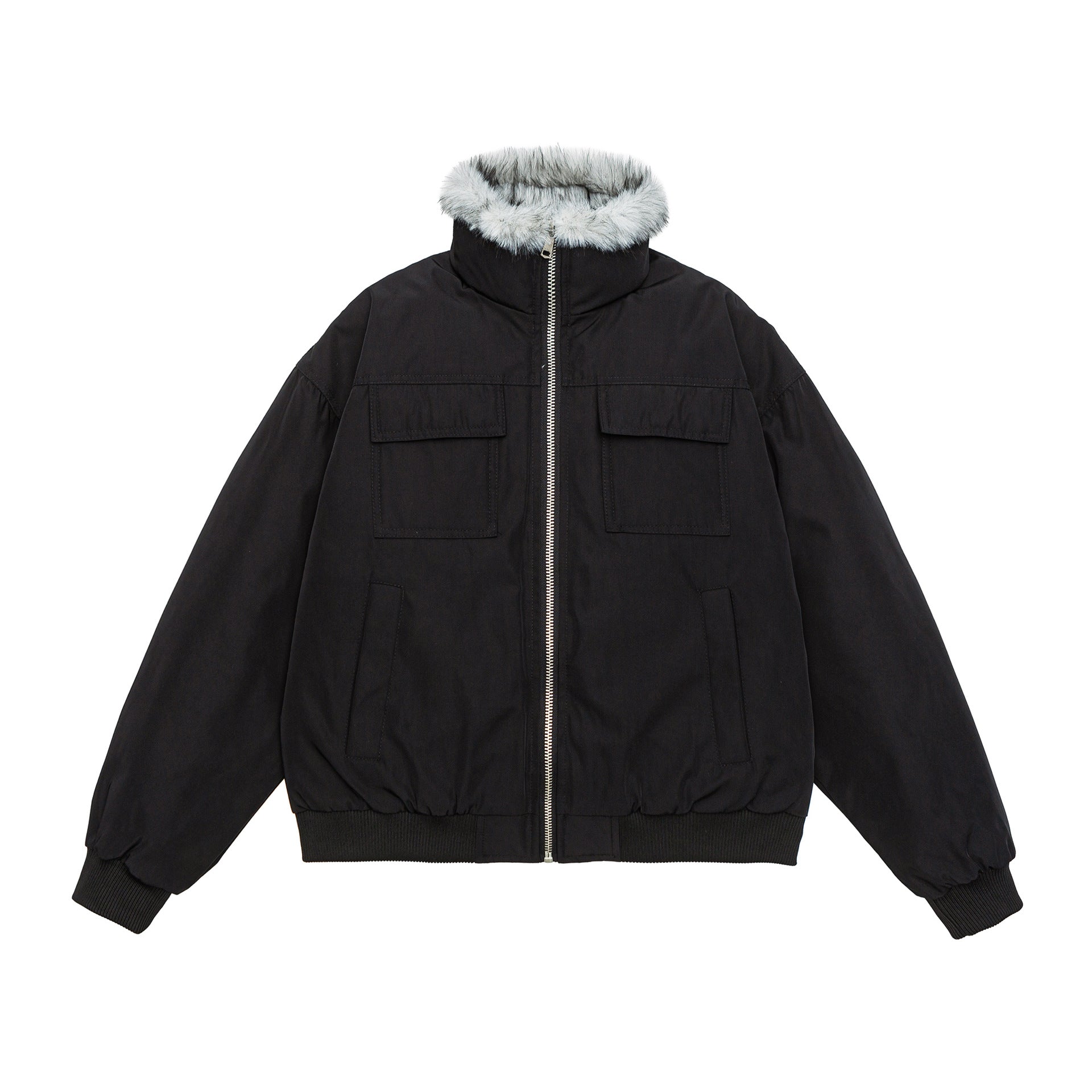 Men's Quilted Short Bomber Jacket with Removable Faux Fur Hood and Patch Front Pockets Chichicherry