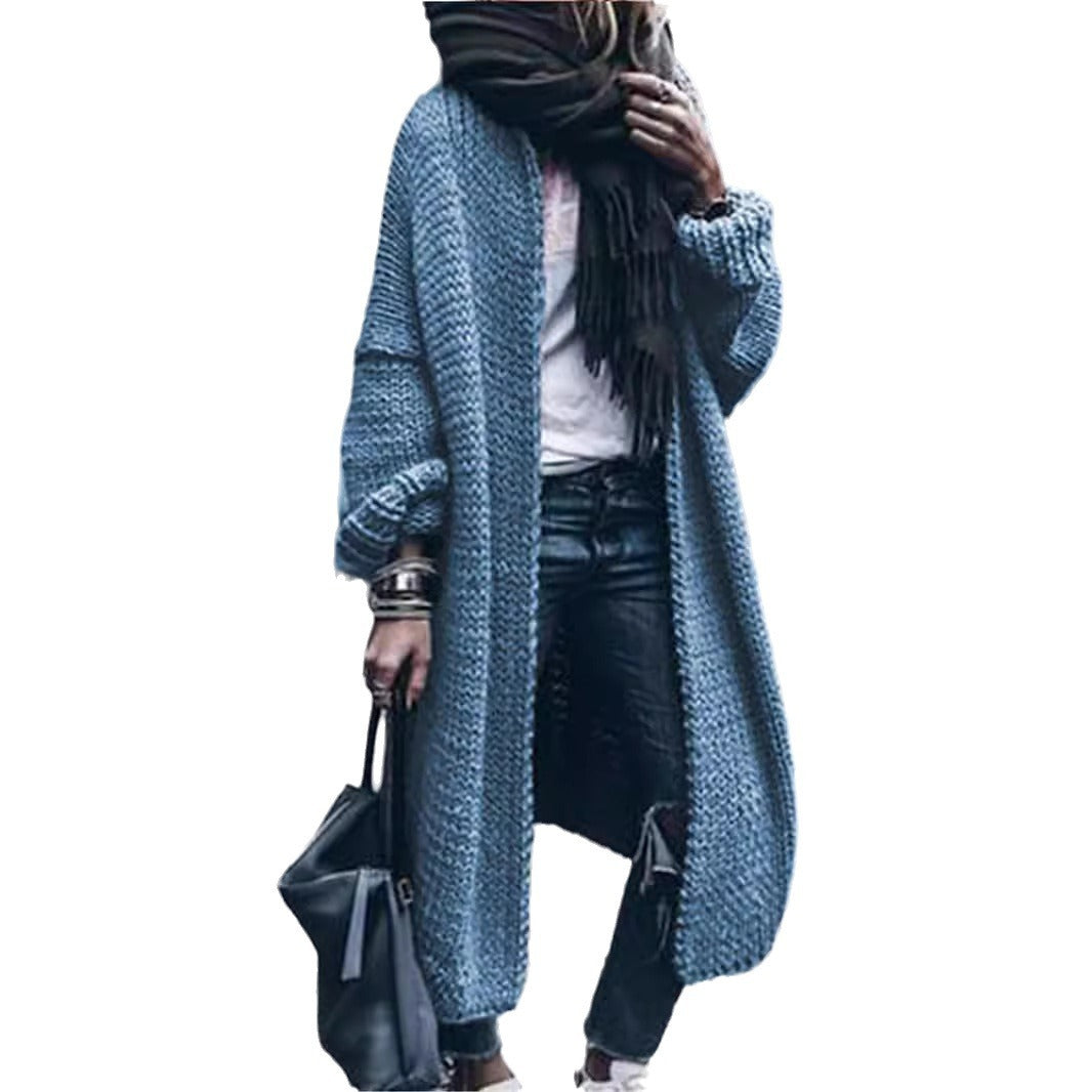 Women's Long Chunky Knit Mantle Cardigan with Drop Shoulder and Open Front Chichicherry