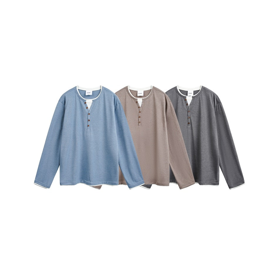 Unisex cotton blend henley shirt with double-layer collar and wooden button placket Chichicherry