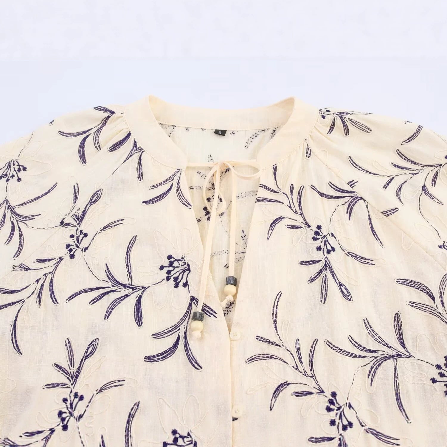 Women Lightweight Cotton Tunic with Embroidery, Tie Belt and Balloon Sleeves Chichicherry