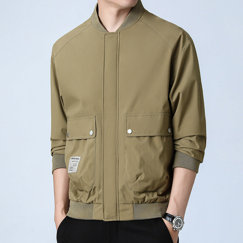 Men's Lightweight Utility Bomber Jacket with Concealed Zipper, Flap Pockets, and Ribbed Cuffs Chichicherry