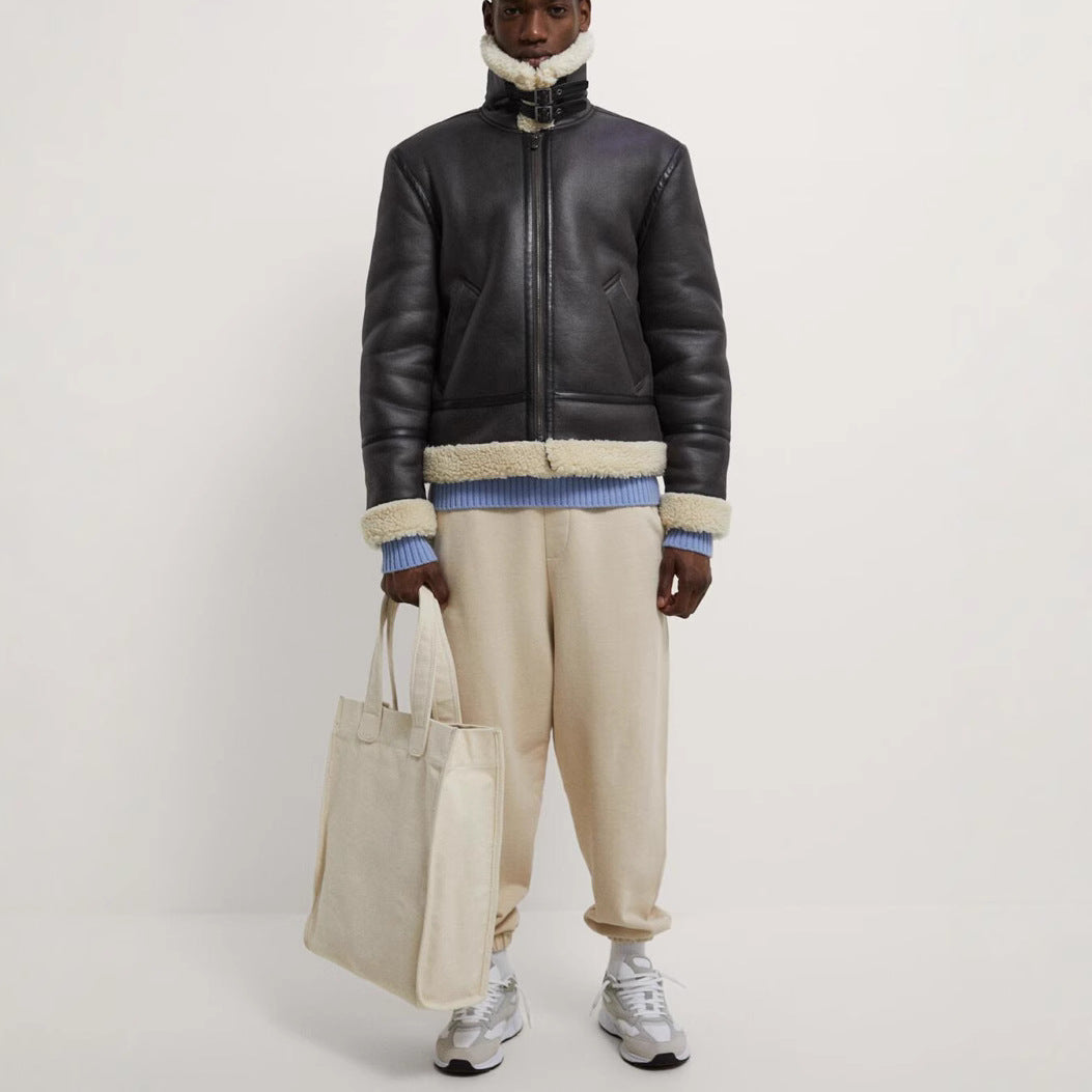 Men's short jacket made of artificial leather with teddy lining and lapel collar Chichicherry