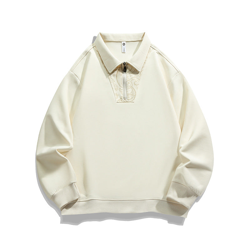 Men's Loose Sweatshirt with Polo Collar, Half Zipper and Paisley Trimming Chichicherry