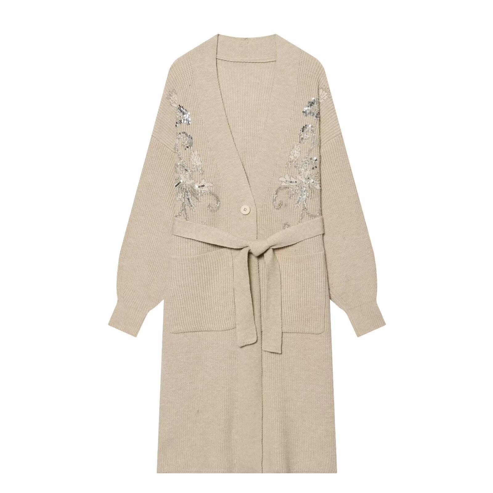 Women's long knit cardigan with waist belt and sequin embroidery Chichicherry