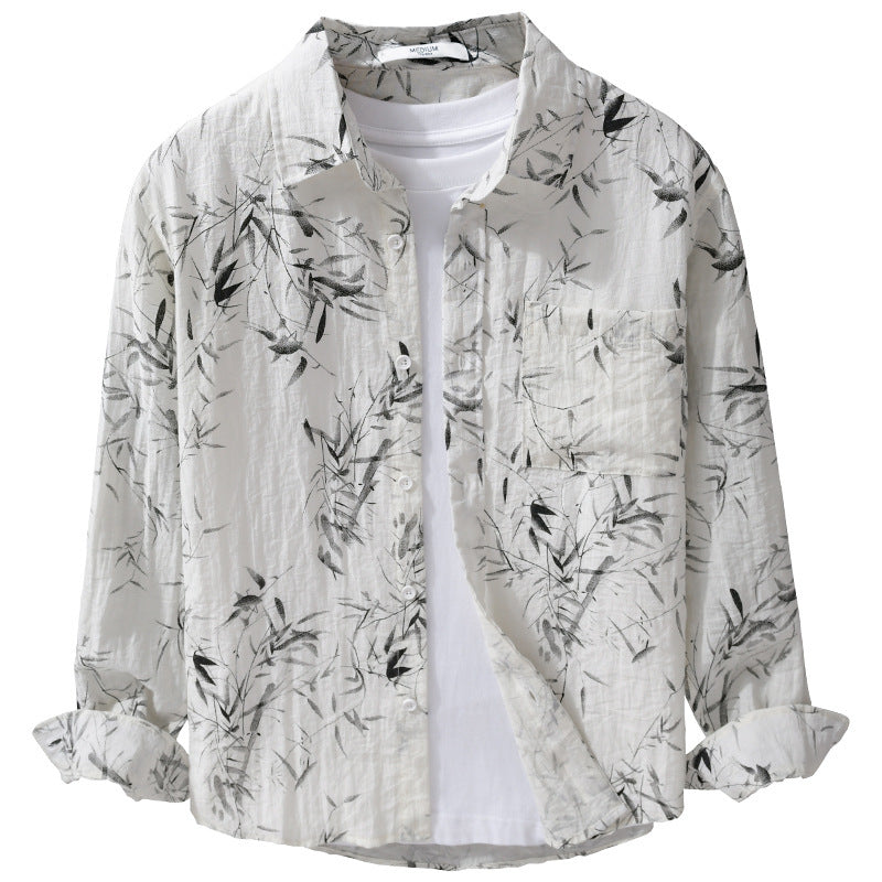 Men's Breathable Linen-Cotton Shirt with Botanical Brush Print and Kent Collar Chichicherry