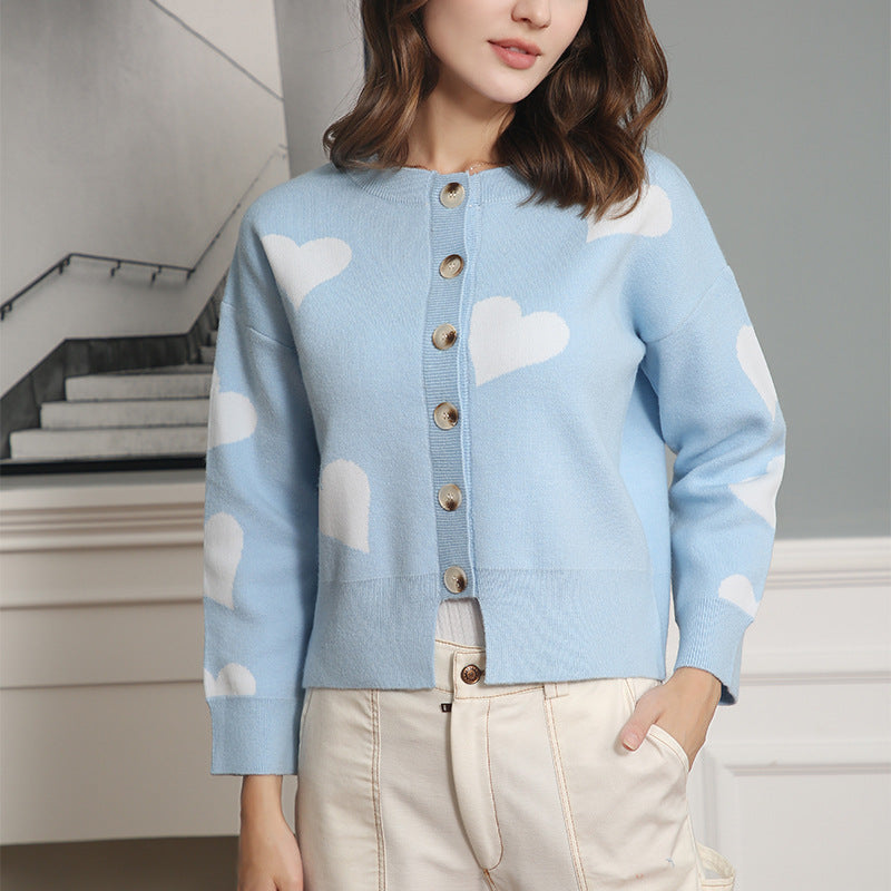 Women Buttoned Oversized Knitted Cardigan with Heart Jacquard and Pearl Buttons Chichicherry