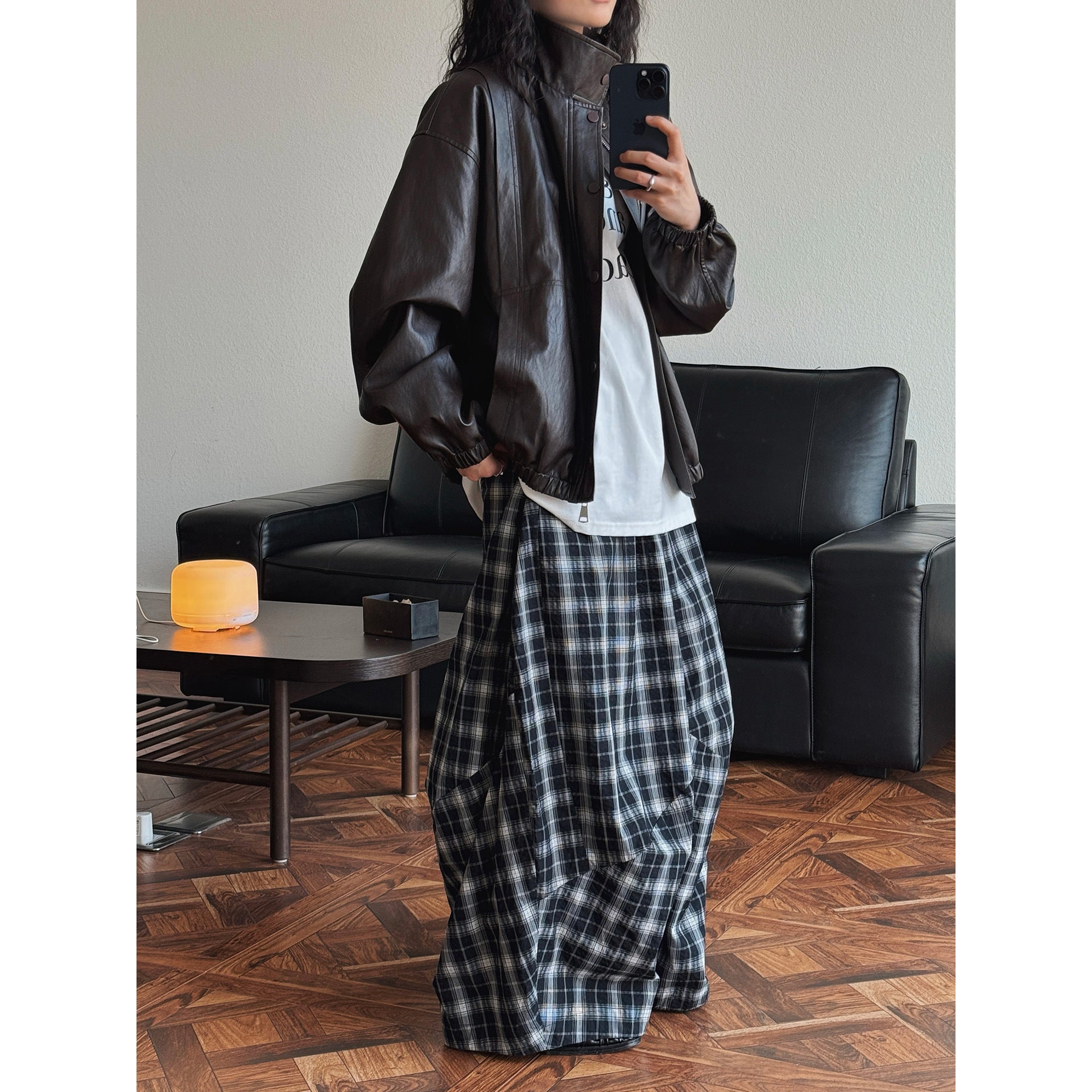 Women's Oversized Faux Leather Bomber Jacket with Stand-up Collar and Elastic Hem Chichicherry