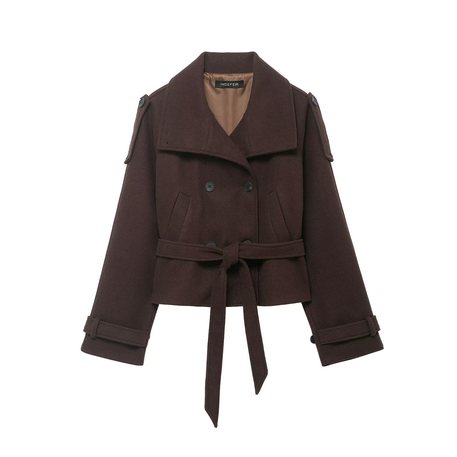Women's Cropped Wool Blend Short Coat with High Stand-up Collar, Epaulettes, and Waist Belt Chichicherry