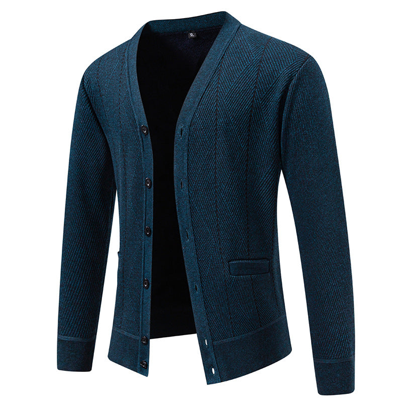 Men's Structured Fine Knit Cardigan with Chevron Pattern, V-Neck and Insert Pockets Chichicherry