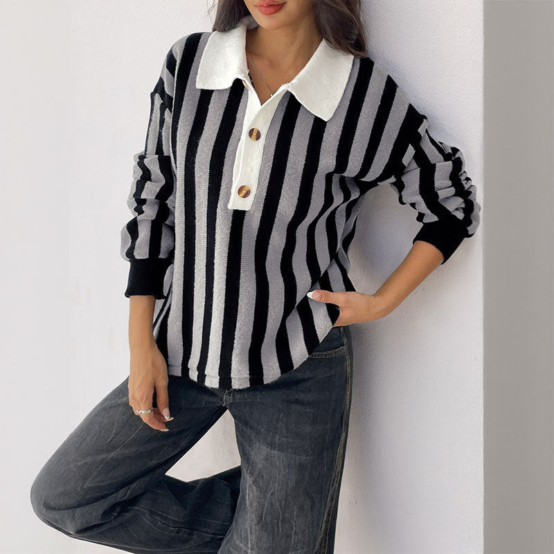 Women Casual Striped Knit Polo Collar Sweater with Contrasted Button Placket Chichicherry
