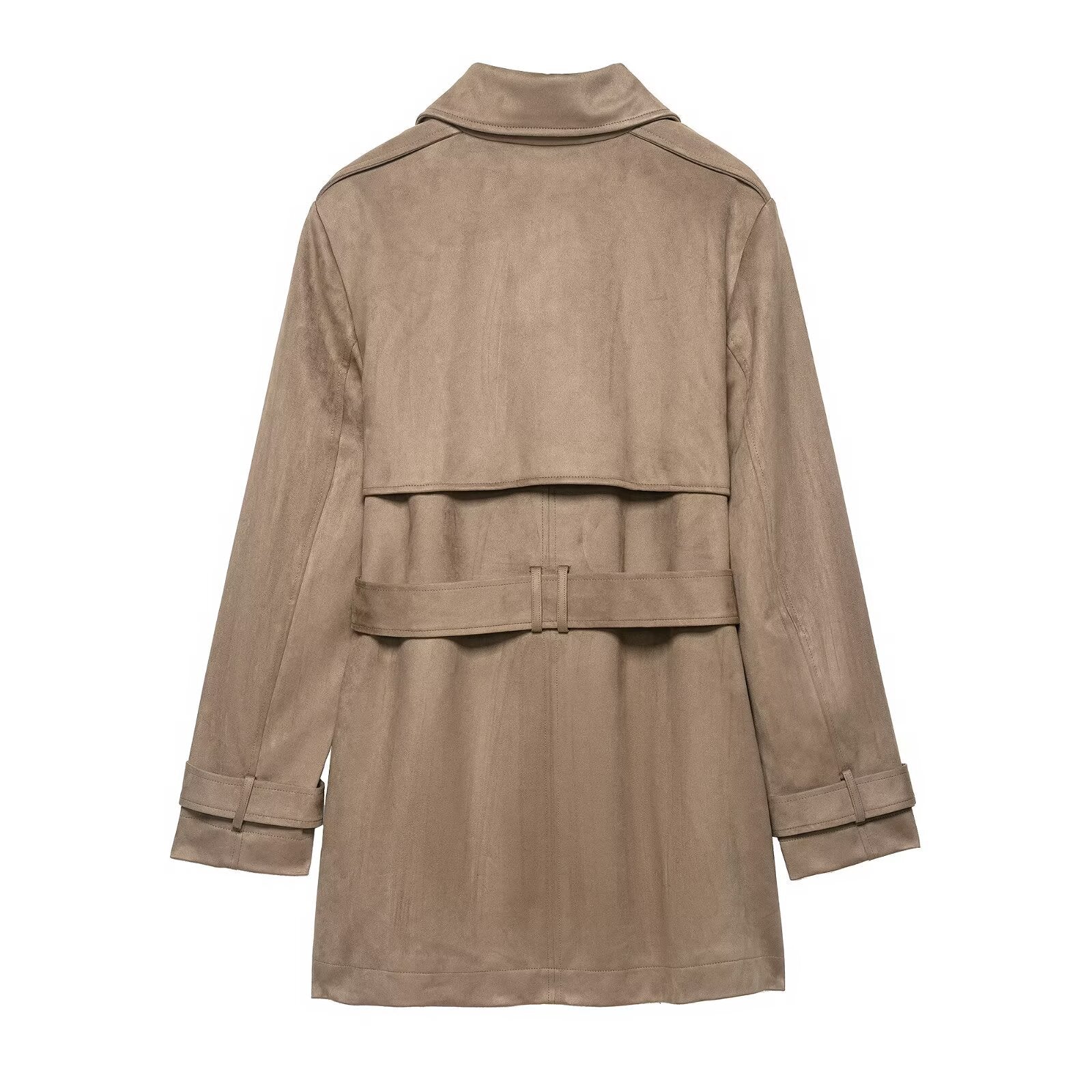 Women's Double Breasted Suede Effect Trench Coat with Waist Belt Chichicherry