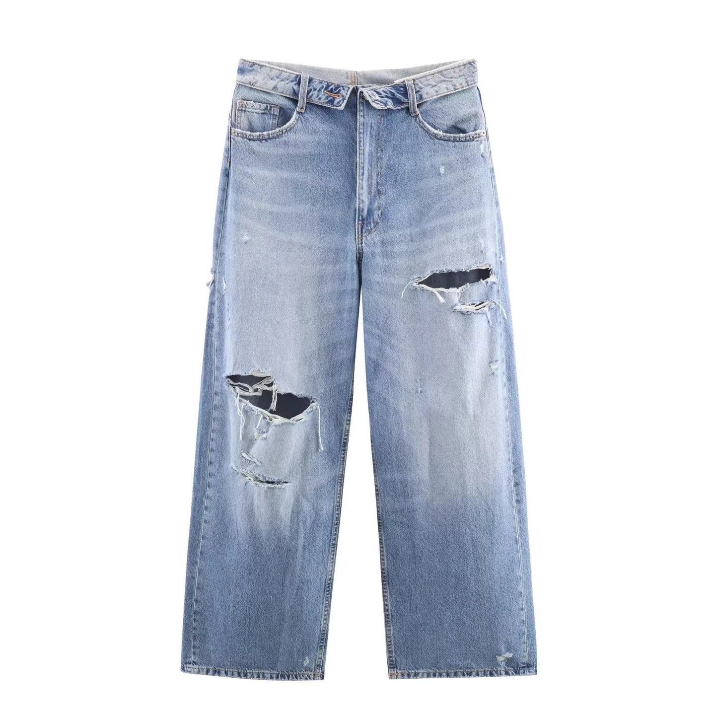 Ladies Wide Destroyed Jeans with High Waist and Straight Leg Chichicherry