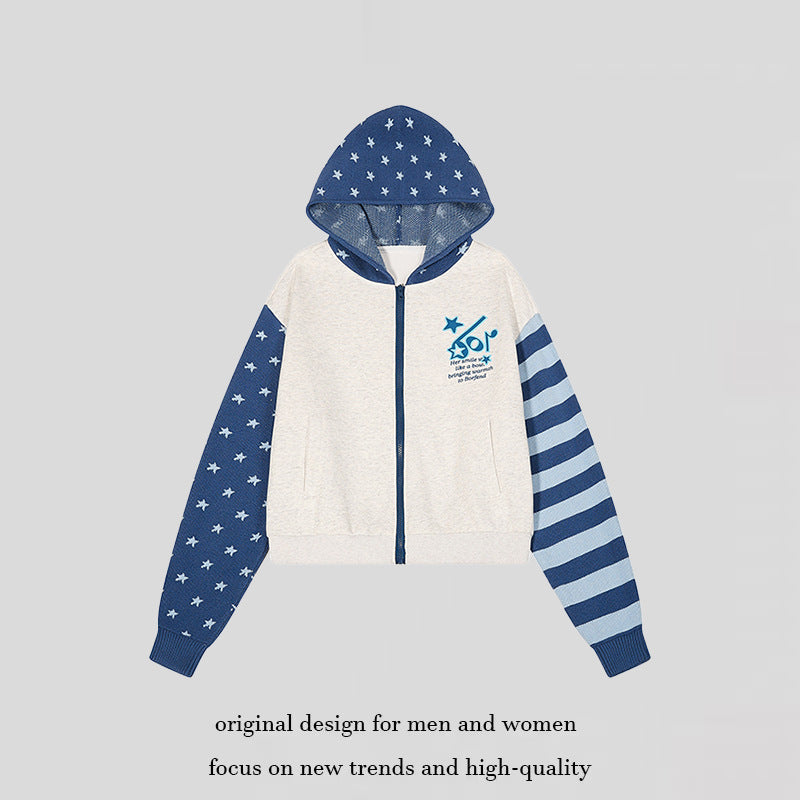 Women’s cropped hooded sweatshirt jacket with full zip, patterned sleeves and star motif Chichicherry