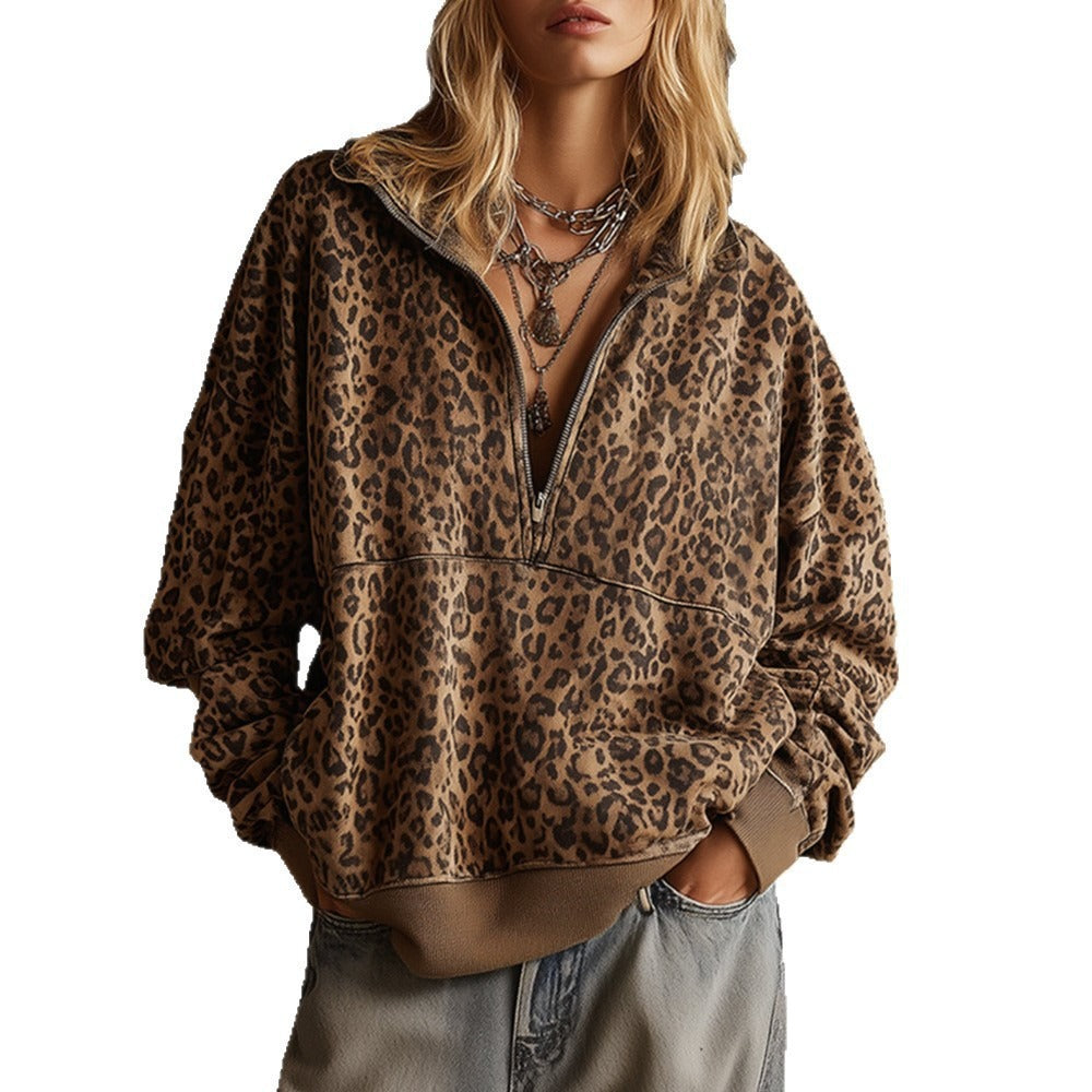 Women's Oversized Sweatshirt with Half Zipper and Leopard Print