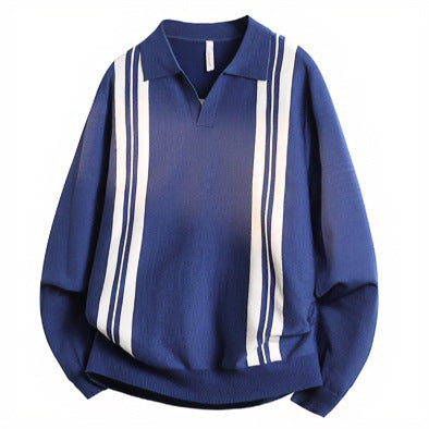 Unisex Feinstrick-Polo mit offenem V-Kragen und vertikalen Kontraststreifen Chichicherry
