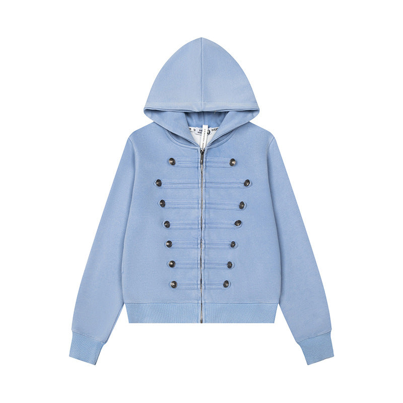 Women’s Hooded Sweat Jacket with Military Button Decoration and Full-Length Zipper Chichicherry