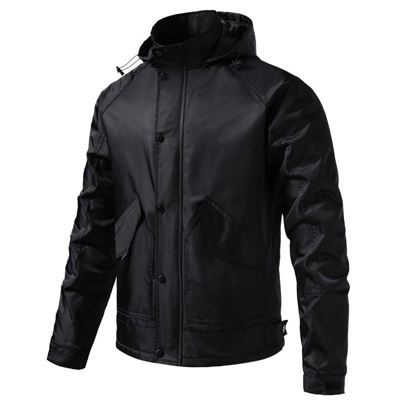 Men's Water-Repellent Hooded Jacket in Utility Style with Snap Button Placket and Flap Pockets Chichicherry