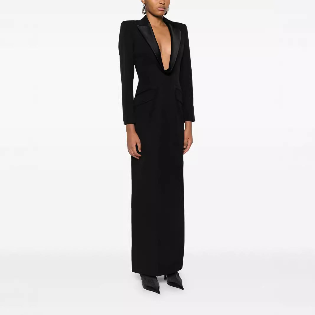 Ladies Tailored Evening Maxi Dress in Tuxedo Blazer Style Chichicherry
