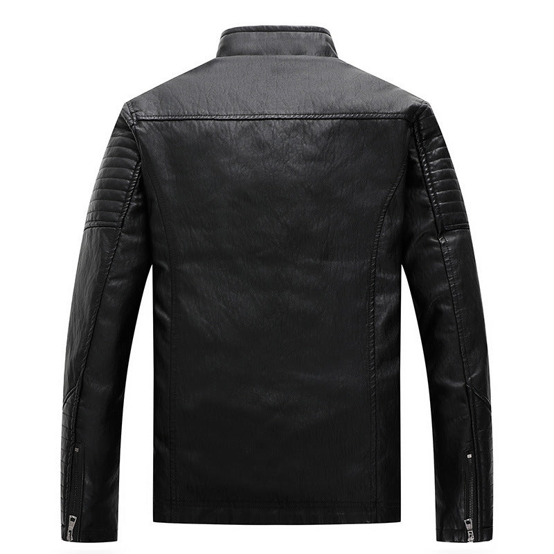 Men's Faux Leather Moto Jacket with Geometric Quilted Seams and Stand-Up Collar Chichicherry